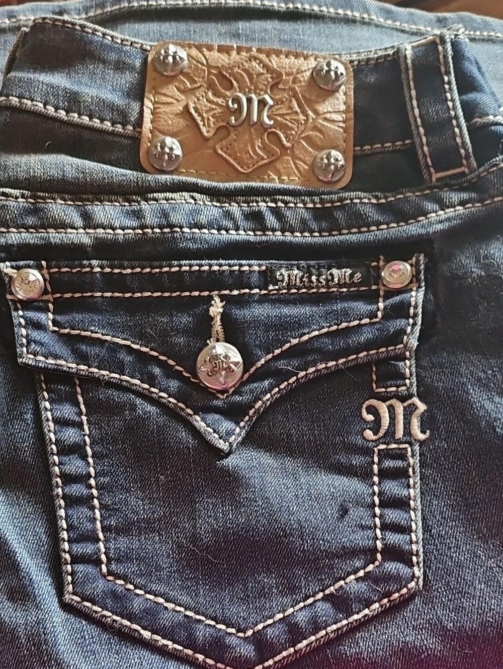 Miss Me Dark Blue Flare Jeans with Embroidered Pocket and Metal Accent